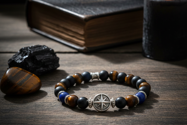 SacraStone™ MEN – Bransoleta Onyks Matowy, Tygrysie Oko i Lapis Lazuli z Srebrną Różą Wiatrów