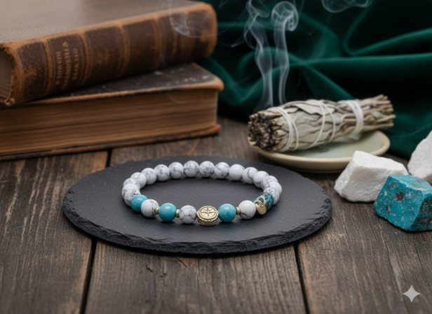 SacraStone™ WOMEN – Bransoletka Howlit Biały, Jaspis Cesarski i Srebrna Róża Wiatrów