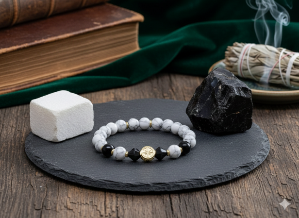 SacraStone™ WOMEN – Bransoletka Howlit Biały, Czarny Onyks i Srebrna Róża Wiatrów