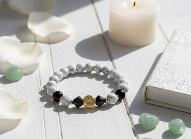 SacraStone™ WOMEN – Bransoletka Howlit Biały, Czarny Onyks i Srebrna Róża Wiatrów
