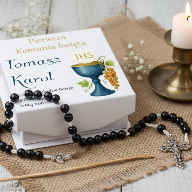 z personalizowanym pudełkiem -SacraStone™ PURE COMMUNIO – Różaniec IHS z kamieni naturalnych ONYKS | Komunia Święta