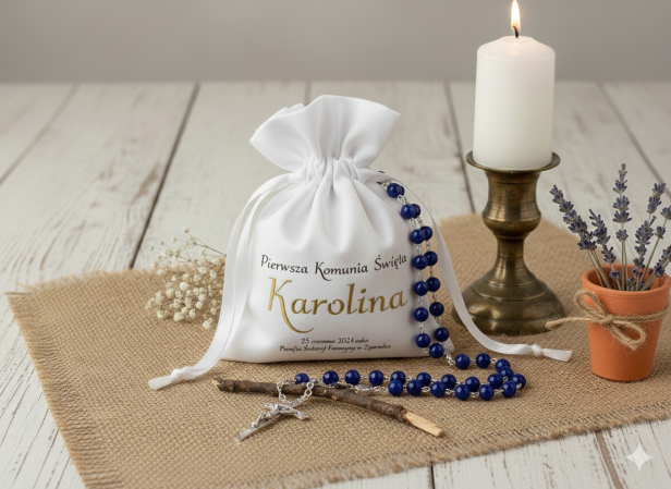Personalizowana sakiewka imienna na różaniec SacraStone PURE COMMUNIO z TYGRYSIE OKO.