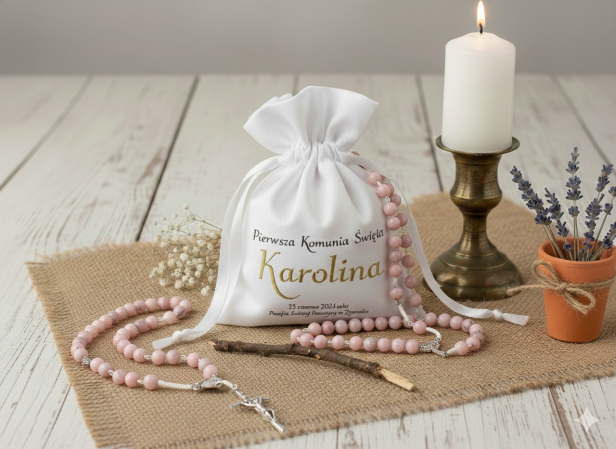 Personalizowana sakiewka imienna na różaniec SacraStone PURE COMMUNIO OPAL RÓŻOWY | Komunia Święta