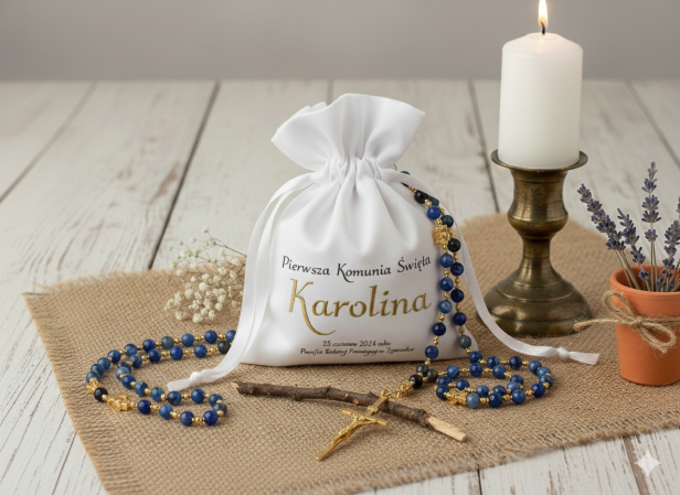Sakiewka imienna personalizowana - SacraStone™ PURE COMMUNIO – Różaniec IHS z kamieni naturalnych AGAT NIEBIESKI | Komunia Święta