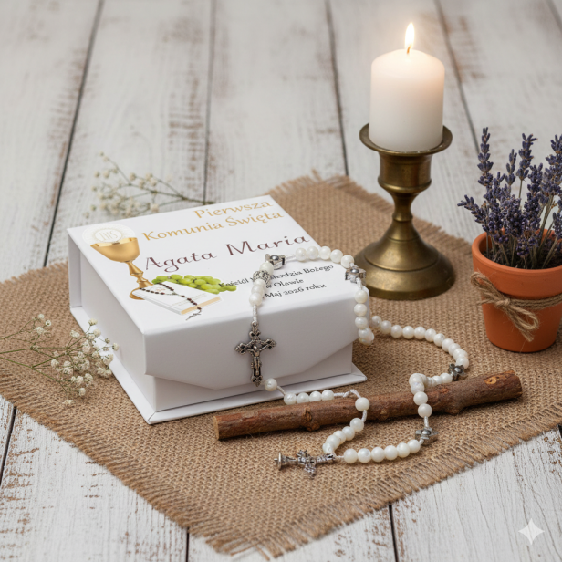 SacraStone™ PURE COMMUNIO – Różaniec IHS z masy perłowej | Komunia Święta