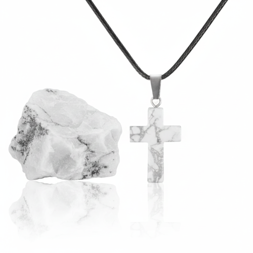 SacraStone™ TALISMAN – Naszyjnik z krzyżykiem z Howlitu Białego na rzemyku