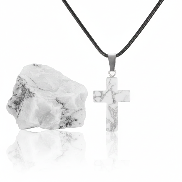 SacraStone™ TALISMAN – Naszyjnik z krzyżykiem z Howlitu Białego na rzemyku