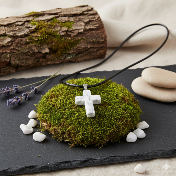 SacraStone™ TALISMAN – Naszyjnik z krzyżykiem z Howlitu Białego na rzemyku