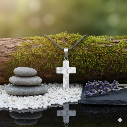 SacraStone™ TALISMAN – Naszyjnik z krzyżykiem z Howlitu Białego na rzemyku