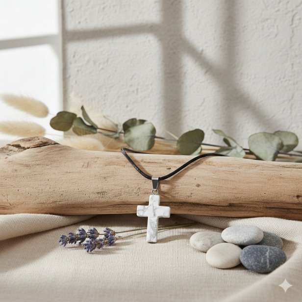 SacraStone™ TALISMAN – Naszyjnik z krzyżykiem z Howlitu Białego na rzemyku