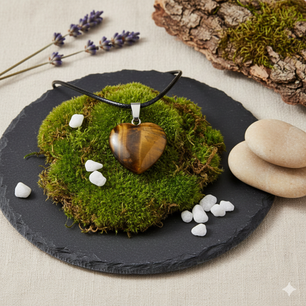 SacraStone™ TALISMAN – Naszyjnik na rzemyku z sercem z kamienia Tygrysie Oko
