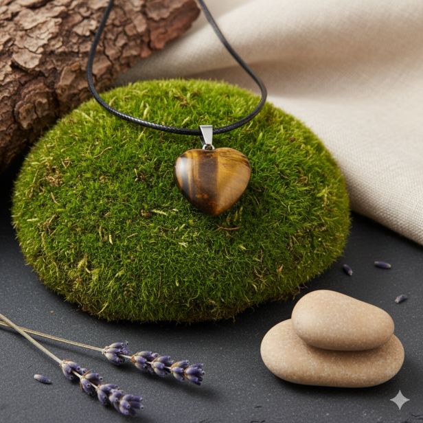 SacraStone™ TALISMAN – Naszyjnik na rzemyku z sercem z kamienia Tygrysie Oko