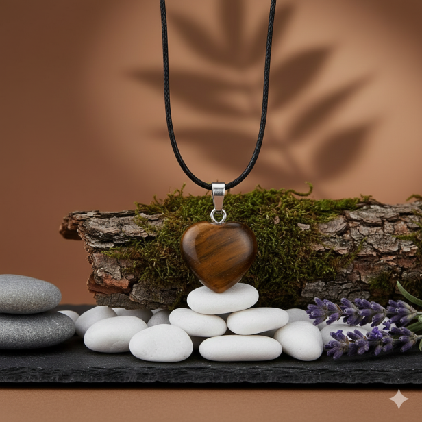 SacraStone™ TALISMAN – Naszyjnik na rzemyku z sercem z kamienia Tygrysie Oko