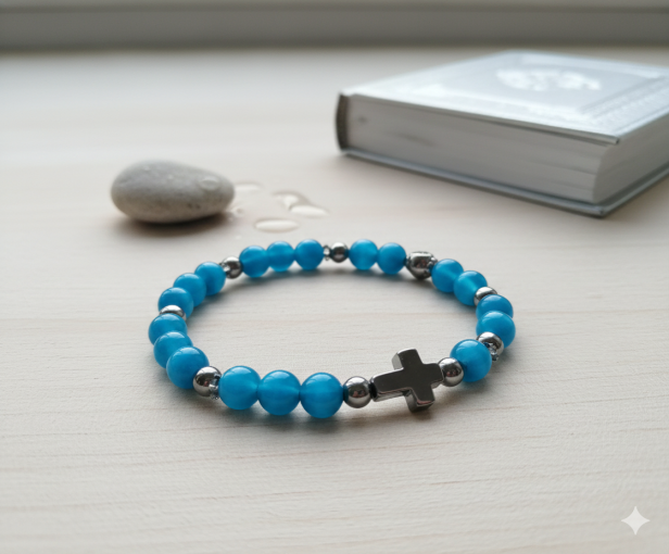 SacraStone™ AVE MARIA – Koronka Pokoju Medjugorje z kamieni Kocie Oko Aqua