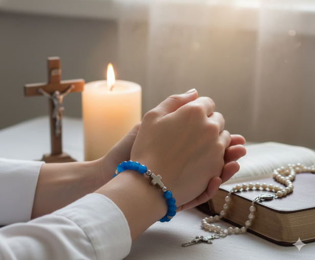 SacraStone™ AVE MARIA – Koronka Pokoju Medjugorje z kamieni Kocie Oko Aqua
