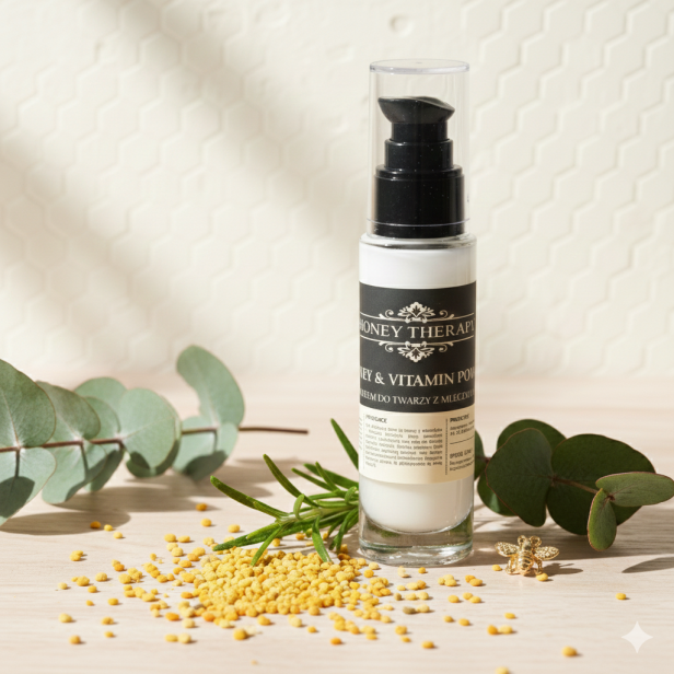 Zbliżenie na naturalne składniki otaczające buteleczkę **kremu do twarzy** Honey Therapy.