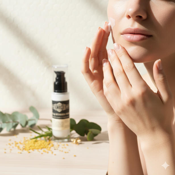 Kobieta delikatnie wmasowuje **krem nawilżający** z mleczkiem pszczelim w skórę twarzy.