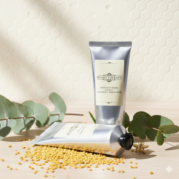 Zbliżenie na naturalne składniki otaczające buteleczkę Krem do rąk z miodem i propolisem Wanilia Honey Therapy.