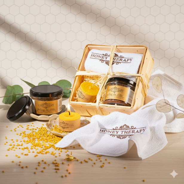Zestaw prezentowy Naturalna Harmonia – peeling, świeca z węzy, ręcznik | Honey Therapy