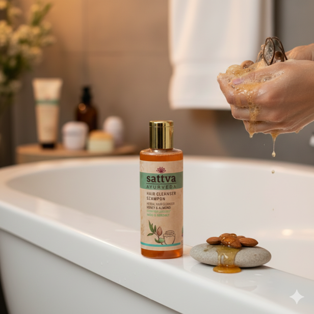 Szampon SATTVA Honey & Almond – ziołowy szampon z miodem i migdałami 210 ml