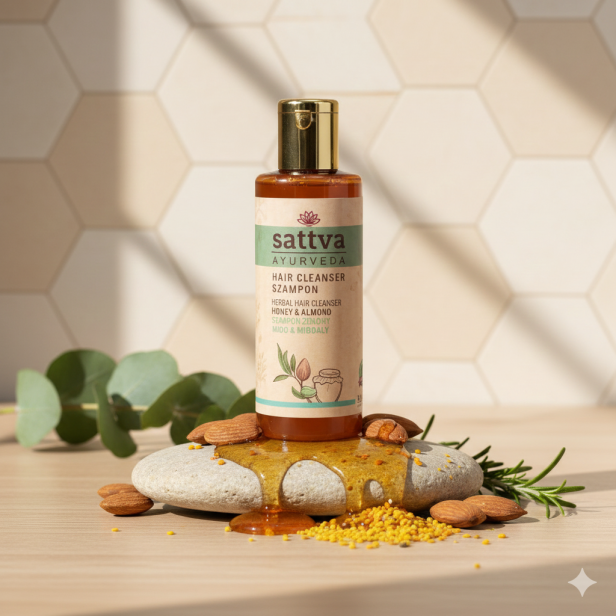 Szampon SATTVA Honey & Almond – ziołowy szampon z miodem i migdałami 210 ml