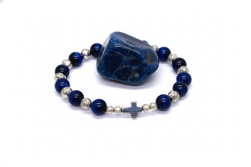 SacraStone™ AVE MARIA – Bransoletka różańcowa TYGRYSIE OKO błękit