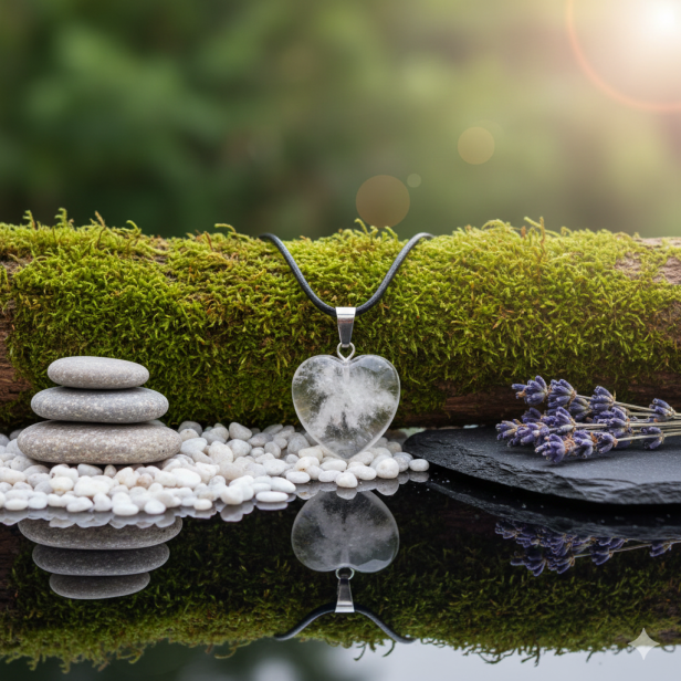 SacraStone™ TALISMAN – Naszyjnik SERCE z kamienia KRYSZTAŁ GÓRSKI na rzemyku