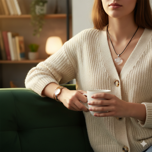 SacraStone™ TALISMAN – Naszyjnik SERCE z kamienia KRYSZTAŁ GÓRSKI na rzemyku