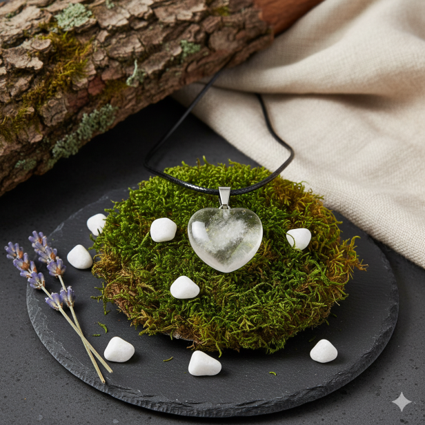 SacraStone™ TALISMAN – Naszyjnik SERCE z kamienia KRYSZTAŁ GÓRSKI na rzemyku
