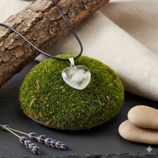 SacraStone™ TALISMAN – Naszyjnik SERCE z kamienia KRYSZTAŁ GÓRSKI na rzemyku