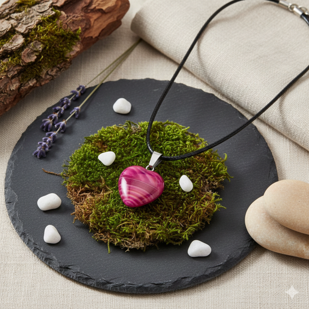 SacraStone™ TALISMAN – serce z agatu różowego w minimalistycznej aranżacji