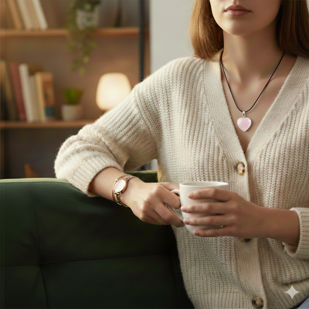 Naszyjnik serce z kwarcu różowego – na modelce