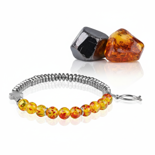 Bransoletka dziesiątek różańca Ambra z bursztynem jubilerskim i zawieszką ICHTYS – model z metalowymi dyskami