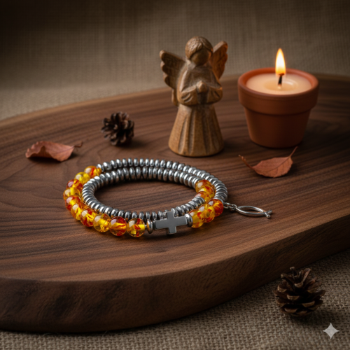 Dziesiątek różańca Ambra z żółto-pomarańczowymi koralikami bursztynu jubilerskiego w eleganckiej kompozycji.png