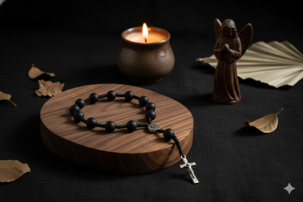 Różaniec dziesiątka SacraStone™ AVE MARIA z medalikiem św. Benedykta
