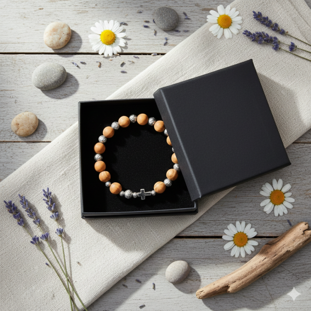 Naturalne drewno oliwne – makro ujęcie bransoletki w pudelku prezentowym