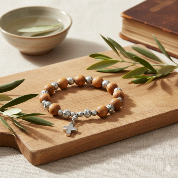 Dziesiątek różańca z krzyżykiem z hematytu – detal aranżacja