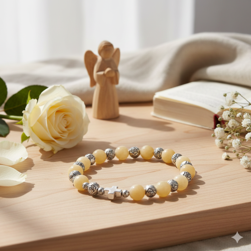 Dziesiątek różańca z nefrytu bursztynowego i krzyżykiem z hematytu