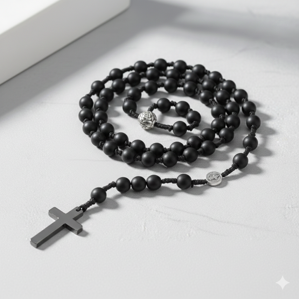 Detal medalika św. Benedykta w różańcu z matowego onyksu – SacraStone™ BENEDICTUS