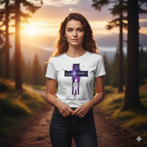 koszulka religijna w naturalnej scenerii, ujęcie lifestyle.