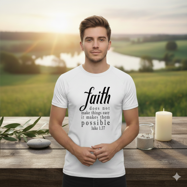 koszulka Faith/Wiara w naturalnej scenerii.