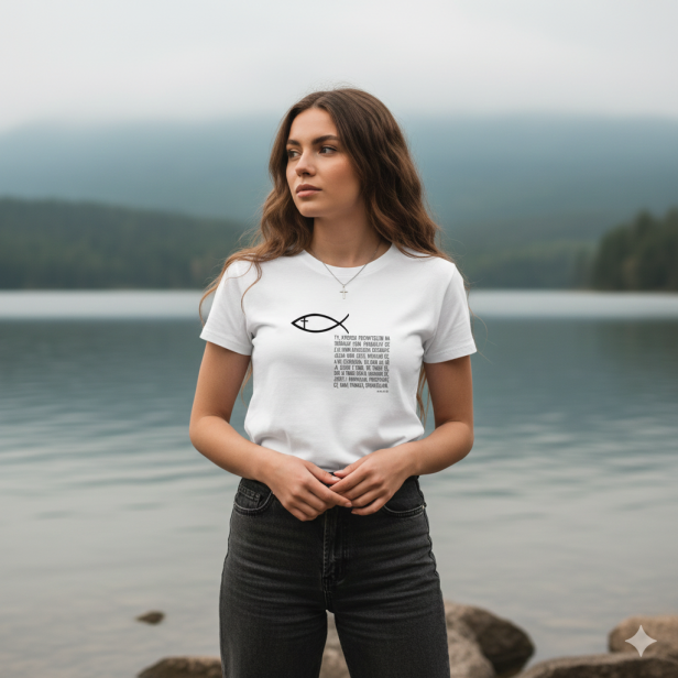 Na modelce – koszulka religijna Iz 41 w ujęciu lifestyle.
