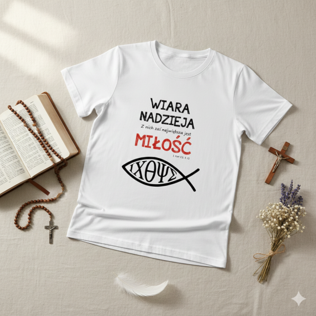 Aranżacja 2 – minimalistyczne ujęcie koszulki z symbolem Ichthys.