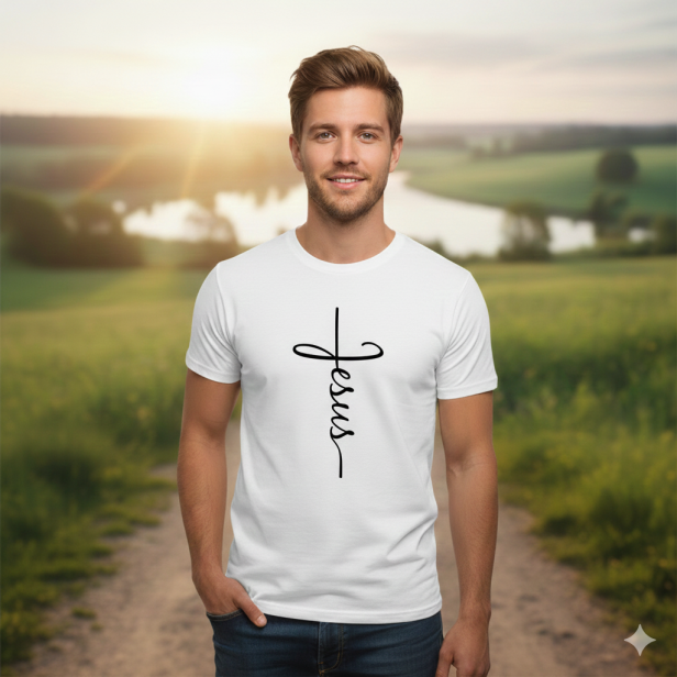 Na modelu – koszulka Jezus/Faith w naturalnym otoczeniu, ujęcie lifestyle.