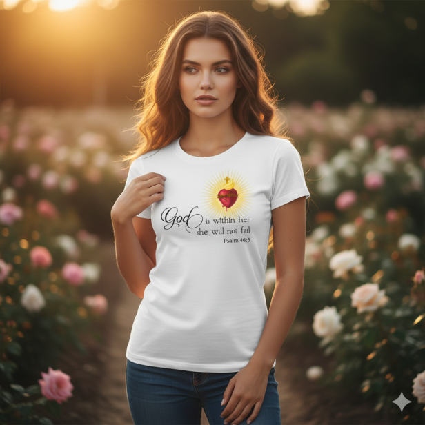Na modelce – koszulka religijna Serce Pana w ujęciu lifestyle.