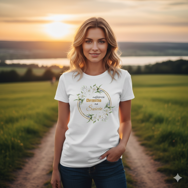 koszulka „Najlepsza Chrzestna” w naturalnej scenerii.