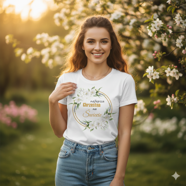 Na modelce – koszulka religijna dla Chrzestnej, zdjęcie lifestyle.