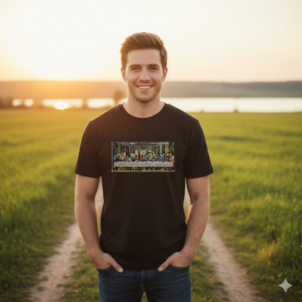 Na modelu – koszulka MOZAIKA Ostatnia Wieczerza w naturalnej scenie.