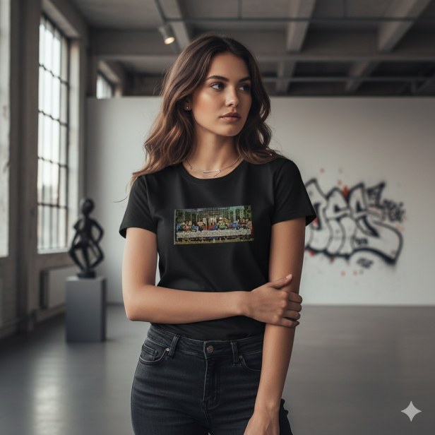 Na modelce – koszulka religijna MOZAIKA w ujęciu lifestyle.