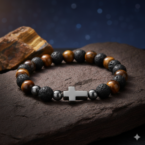 Różaniec na rękę – detal lawy wulkanicznej i koralików Tygrysiego Oka sfotografowany w naturalnym świetle.